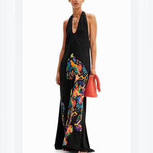 Desigual Open Back Maxi Dress — Side Slit Asymmetric Hem Colorful Floral Design